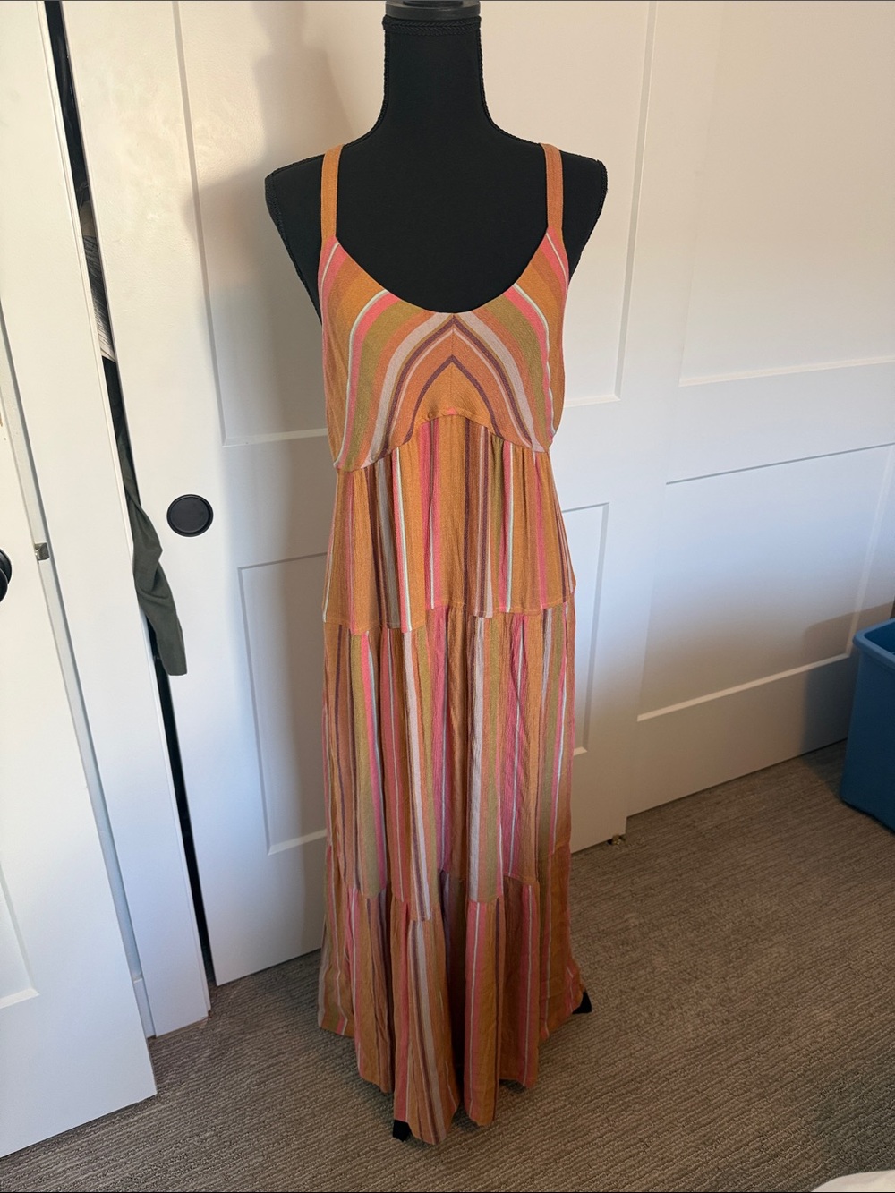 Prana Striped Tiered Maxi Dress in Mustard, Pink and Olive